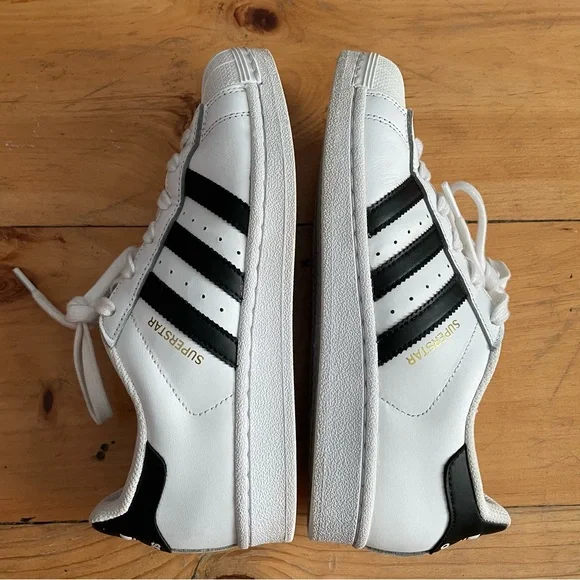 Adidas Original Superstar White Leather Three Stripe Sneakers Black Women's 6 - Picture 3 of 11